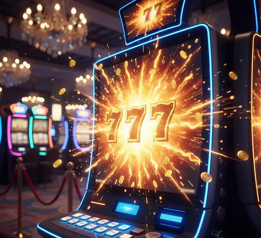 Rząd nowoczesnych automatów do gier (slot machines) świecących neonowym światłem